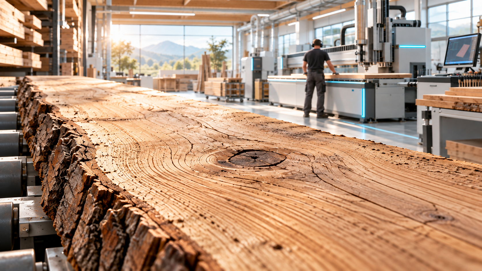 Massives Holz im Vordergrund und moderne Fertigung in einer hellen Schreinerei