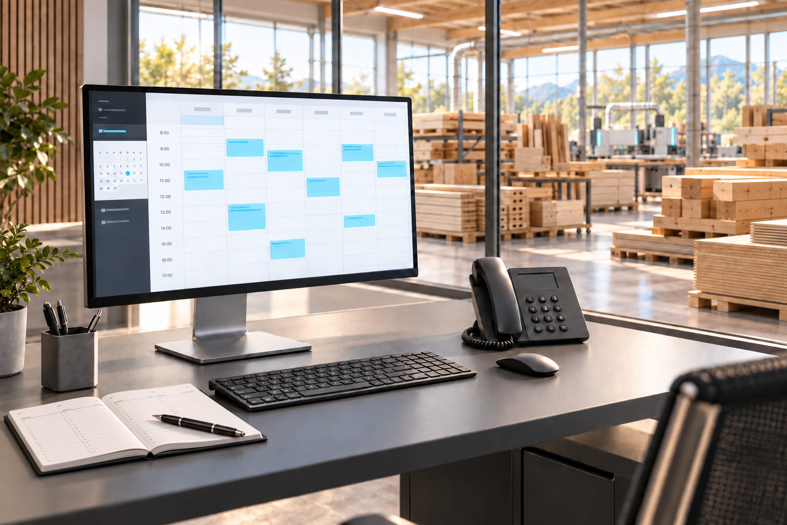 Büroarbeitsplatz mit geöffnetem Terminkalender und Blick auf Holzlager und Produktion
